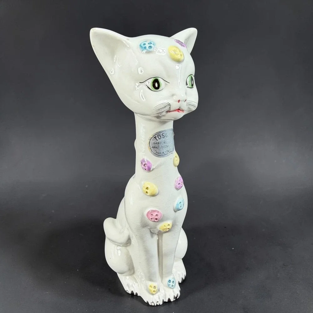 Vintage Tosca Italy‎ Ceramic Cat Figurine MCM Hand Painted White Pastel Buttons